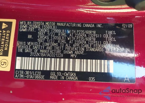 2010 Lexus Rx 350 from USA, damaged, VIN 2T2ZK1BA1AC021228